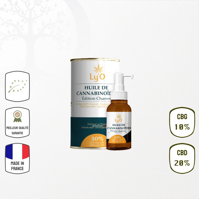 Huile De Cannabinoïdes 30 % BIO : 20 % CBD & 10 % CBG Full Spectrum Ly’O
