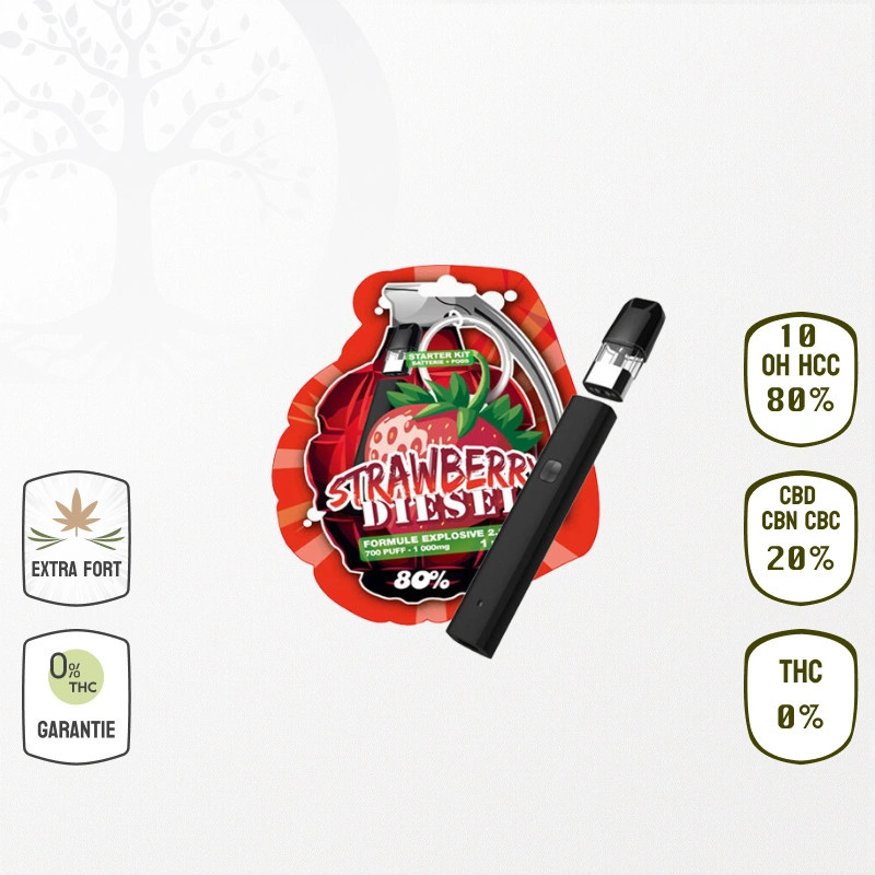 Kit complet Vape Strawberry Diesel 80 % 10-OH-HHC (Batterie & Cartouche) - (Sans THC)